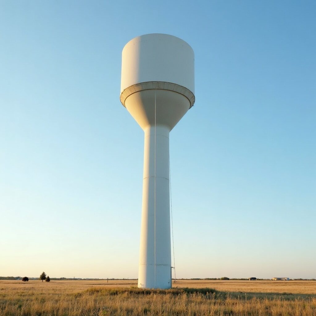 A municipal water tower over open prairie, the class of structure Cornerstone sandblasts and coats